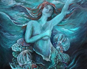 Original Acrylic Painting, Mermaid Painting on Canvas, Original Fantasy Wall Art