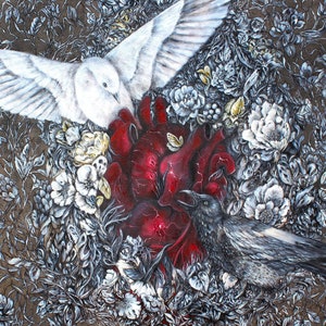 Anatomical Heart Art Print, Whimsigoth Blackbird and Dove