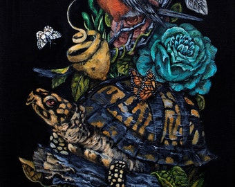 May include: A detailed painting on a black background features a turtle, bird, and butterflies amidst flowers and fruit. The turtle has a patterned shell, and the bird has orange and gray feathers. Butterflies with orange and black wings are also present.