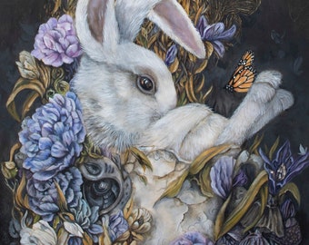White Rabbit Bunny & Teacup Fantasy Art Print- Surreal Art- Home Decor Wall Art- Whimsical - Cute Animal Art