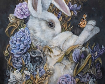 White Rabbit Teacup Art Print: Fantasy Bunny Wall Decor