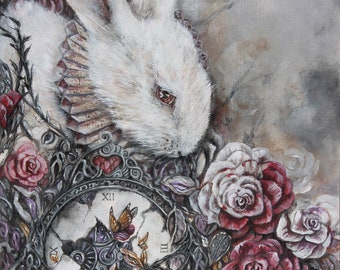 Bunny with Red Roses Fantasy Art Print, Bunny Wall Art