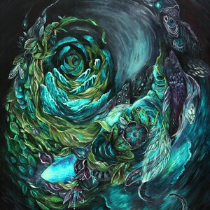 Fish and Frog Steampunk Print, Ocean Wall Art, Green and Turquoise Art, Gothic Decor