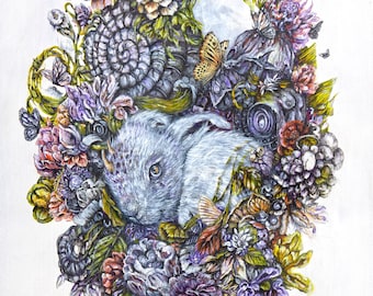 Whimsical Rabbit Giclee Art Print: Floral Lair Nursery Decor