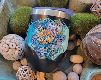 Vaso térmico para vino con diseño de tortuga marina: vaso térmico de acero inoxidable con estampado floral.