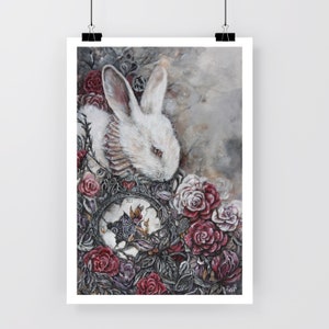 May include: A white rabbit with red eyes is surrounded by red and white roses and a broken clock face. The rabbit is wearing a white collar with a decorative design. The background is a light gray.