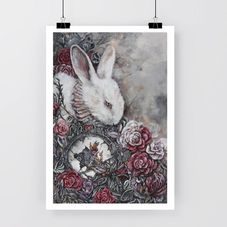 May include: A white rabbit with red eyes is surrounded by red and white roses and a broken clock face. The rabbit is wearing a white collar with a decorative design. The background is a light gray.