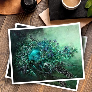 Steampunk Fantasy Art Print Enchanted Forest with Steampunk Egg, Skeleton Wall Art, Hummingbird Painting, Forest Art Print