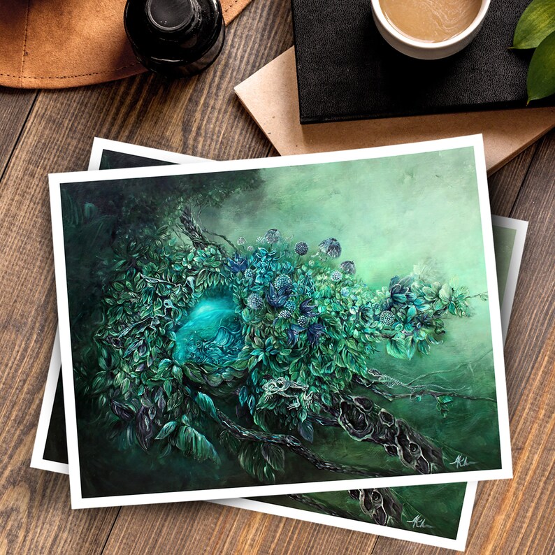 Steampunk Fantasy Art Print Enchanted Forest with Steampunk Egg, Skeleton Wall Art, Hummingbird Painting, Forest Art Print