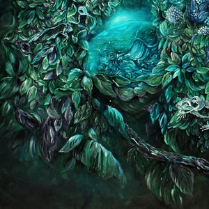 Steampunk Fantasy Art Print Enchanted Forest with Steampunk Egg, Skeleton Wall Art, Hummingbird Painting, Forest Art Print