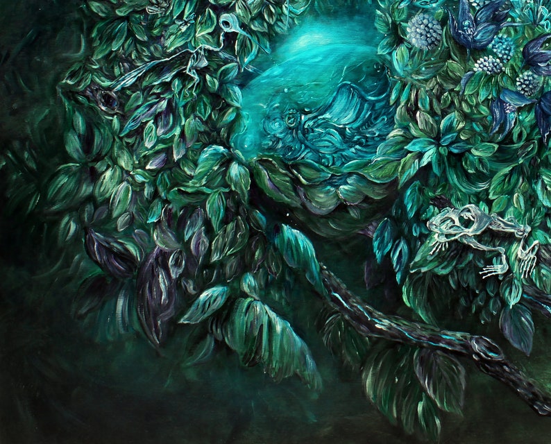Steampunk Fantasy Art Print Enchanted Forest with Steampunk Egg, Skeleton Wall Art, Hummingbird Painting, Forest Art Print