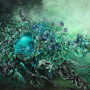 Steampunk Fantasy Art Print Enchanted Forest with Steampunk Egg, Skeleton Wall Art, Hummingbird Painting, Forest Art Print
