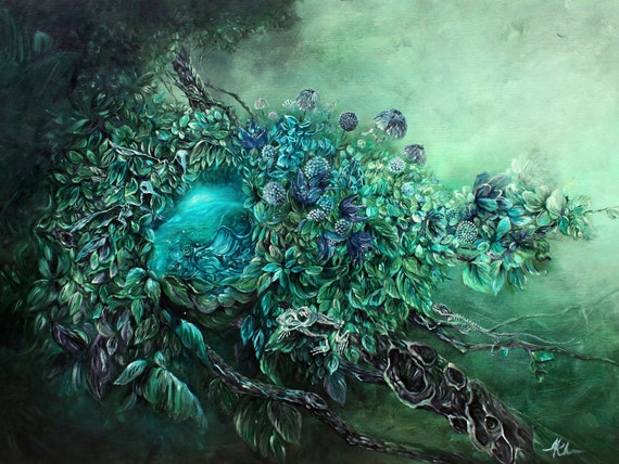 Dark Fantasy Art Print, Enchanted Woodland Painting, Gothic Wall Art