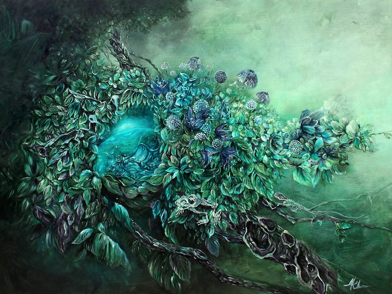 Steampunk Fantasy Art Print Enchanted Forest with Steampunk Egg, Skeleton Wall Art, Hummingbird Painting, Forest Art Print