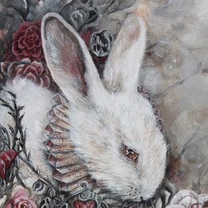 May include: A white rabbit with red eyes, wearing a jeweled collar, is surrounded by roses and other floral elements. The background is a textured, gray canvas.