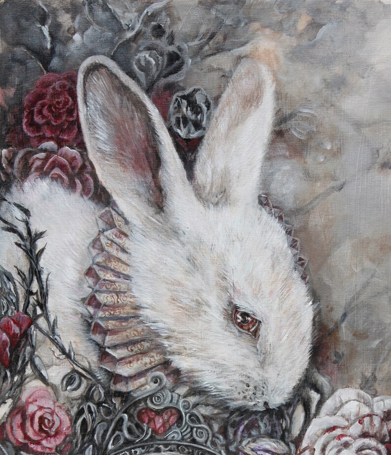 May include: A white rabbit with red eyes, wearing a jeweled collar, is surrounded by roses and other floral elements. The background is a textured, gray canvas.