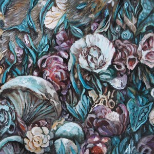 May include: A painting of a floral arrangement with a variety of flowers in shades of pink, white, and blue. The flowers are arranged in a vase and are surrounded by green leaves. The painting is done in a realistic style.