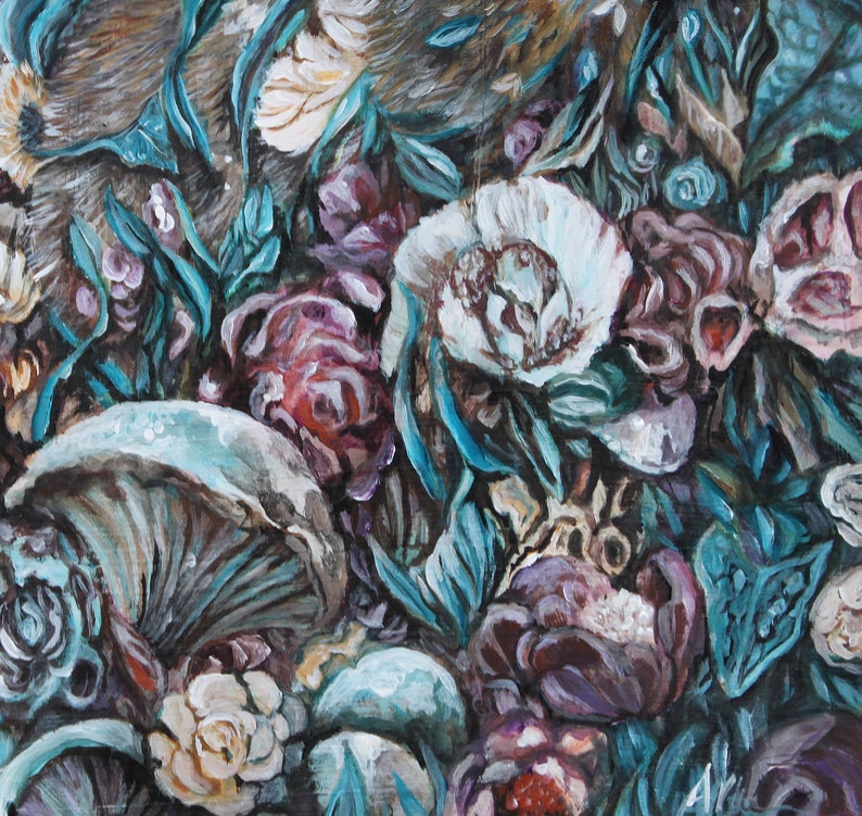 May include: A painting of a floral arrangement with a variety of flowers in shades of pink, white, and blue. The flowers are arranged in a vase and are surrounded by green leaves. The painting is done in a realistic style.