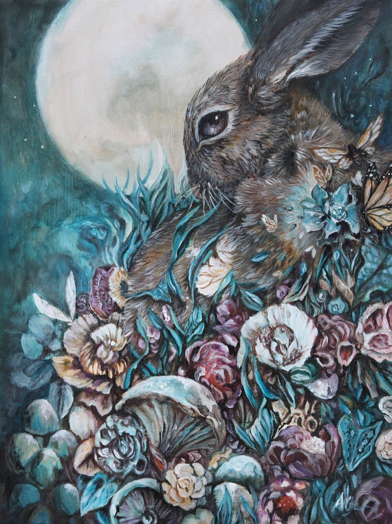 Whimsical Bunny Art Print, Rabbit and Moon Decor