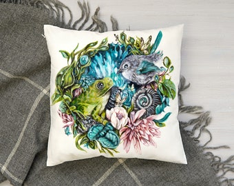 Frog and Bird Square Outdoor/Indoor Pillow, Sizes 16", 18", and 20"