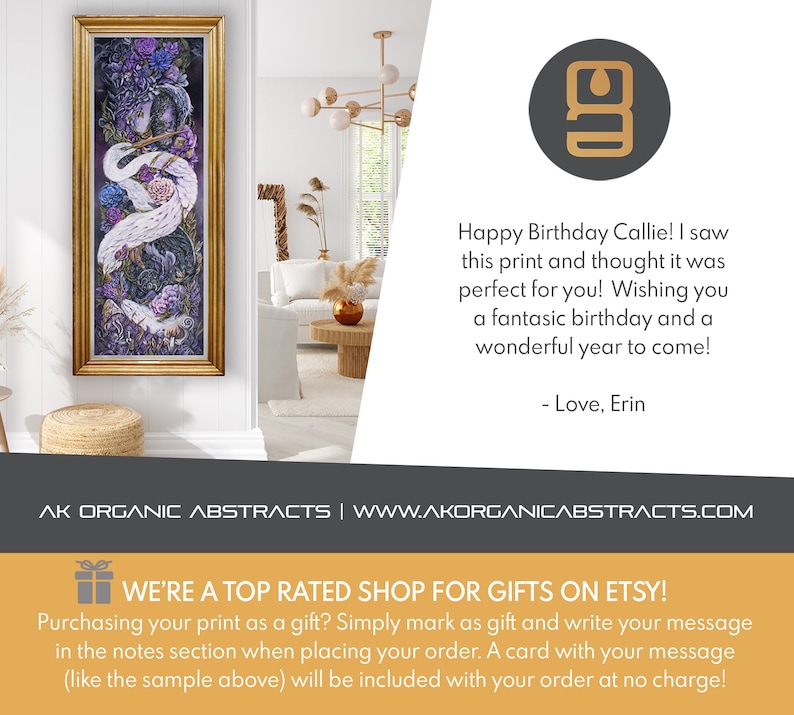 Puede incluir: Una impresi&oacute;n enmarcada de una pintura abstracta colorida con un p&aacute;jaro blanco y la cara de una mujer. La impresi&oacute;n est&aacute; colgada en una pared blanca en una habitaci&oacute;n con un sof&aacute; y una mesa peque&ntilde;a. El texto "Happy Birthday Callie! I saw this print and thought it was perfect for you! Wishing you a fantastic birthday and a wonderful year to come! - Love, Erin" est&aacute; escrito debajo de la imagen.