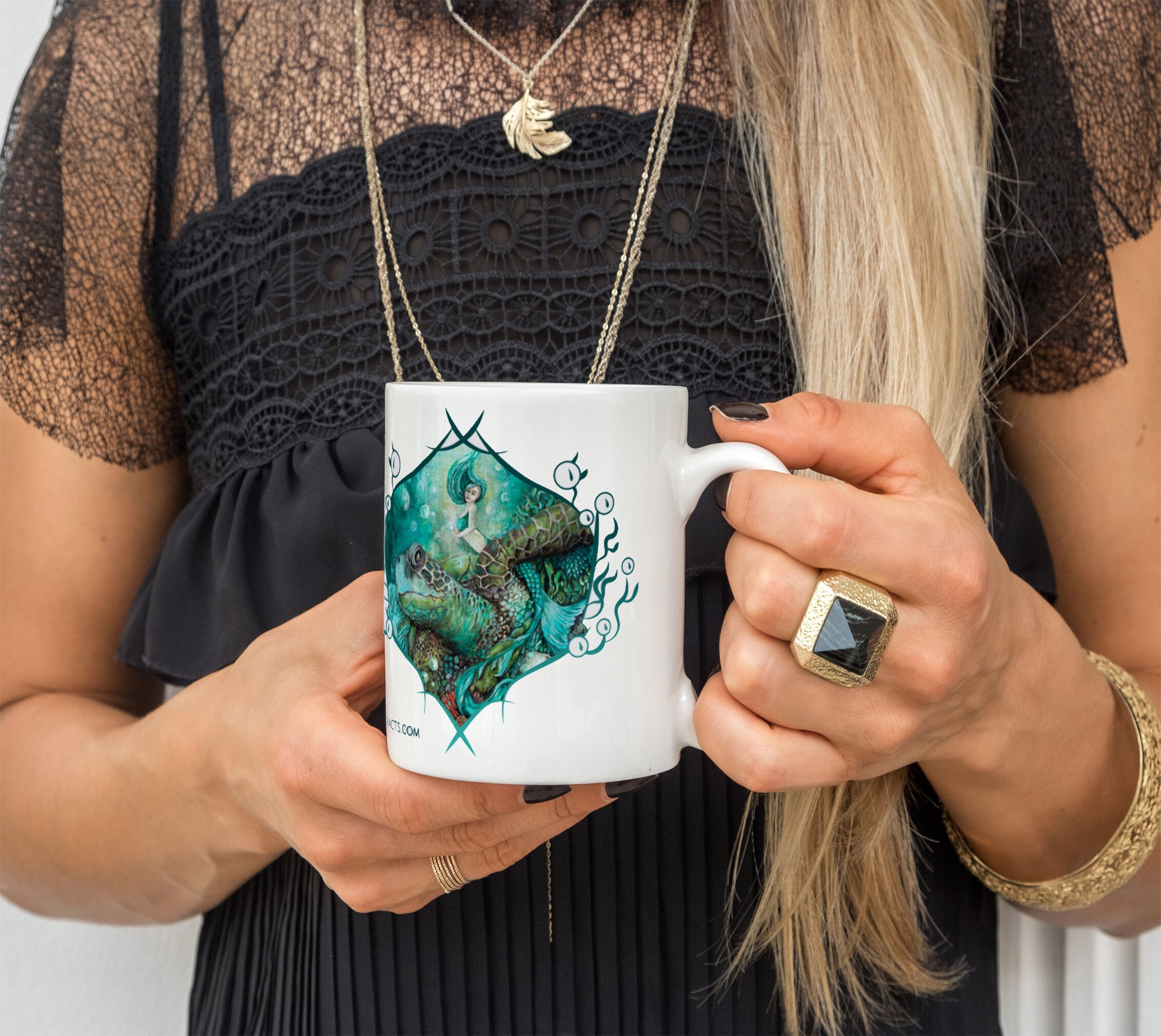 Coffee Mug with Sea Turtle and Mermaid, 15 oz Large Coffee Cup