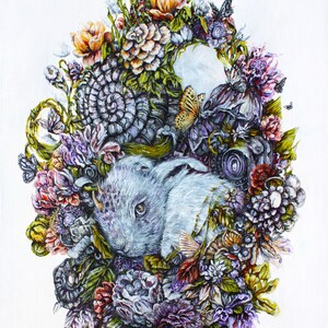 Fantasy Art Print with Rainbow Bunny and Flowers, Steampunk Decor, Gothic Rabbit Art