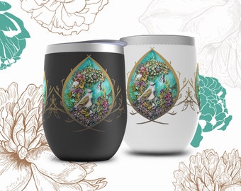 Butterfly Wine Tumbler with Bird and Acorn, Stainless Steel Insulated Tumbler