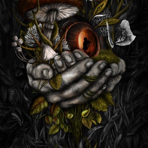 Steampunk Print of Mushrooms, Hands, and Girl, Gothic Wall Art
