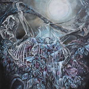 May include: A dark, surreal painting of a skeletal figure entangled in a lush, moonlit forest. The figure is partially submerged in a waterfall, with flowers and vines growing around it. The moon shines brightly in the background.