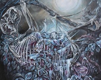 Lámina artística gótica de perezoso, esqueleto animal, arte Dark Academia.