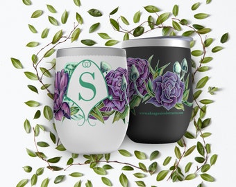 Personalized Wine Tumbler, Tumbler with Purple Flowers and Mushrooms, Monogram Gift