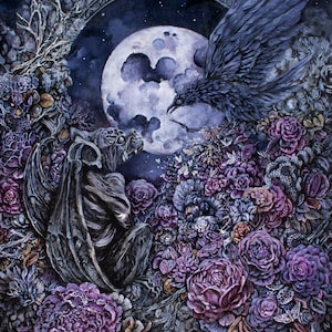 Moon, Raven and Gargoyle Fantasy Art Print, gothic artwork, gothic art print, gothic wall art, gargoyle fantasy painting