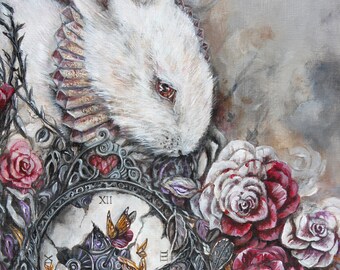 Whimsigoth White Rabbit and Roses Art Print - Unique Bunny Wall Decor