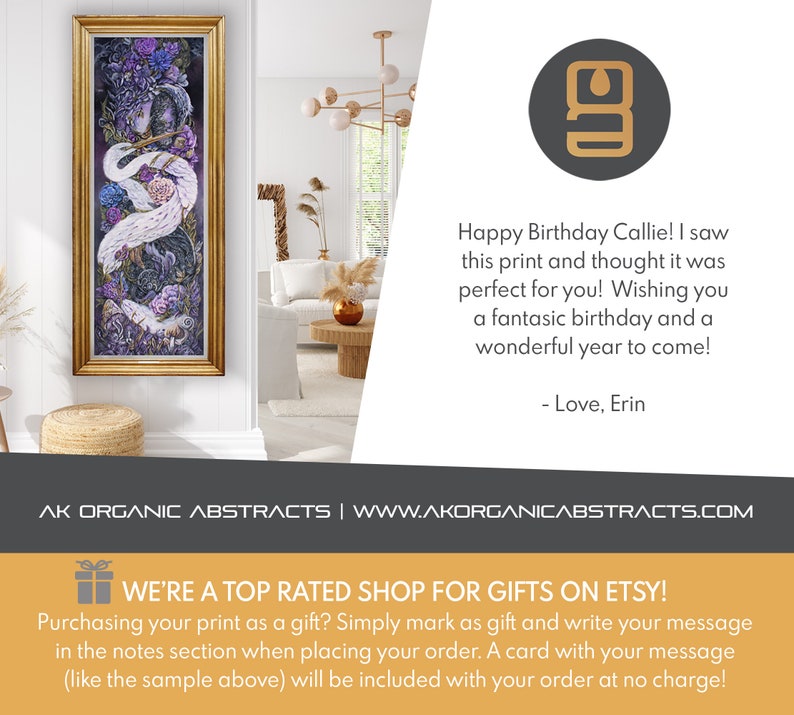May include: A framed print of a colorful abstract painting with a white bird and a woman's face. The print is hanging on a white wall in a room with a couch and a small table. The text "Happy Birthday Callie! I saw this print and thought it was perfect for you! Wishing you a fantastic birthday and a wonderful year to come! - Love, Erin" is written below the image.
