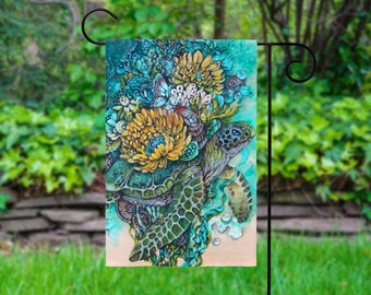 Bandera de jardín con tortuga marina y flores amarillas - Decoración de jardín para exteriores