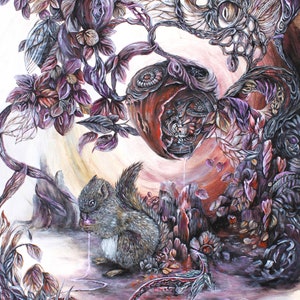 Fantasy Art Print, Squirrel and Purple Flowers Whimsical Art