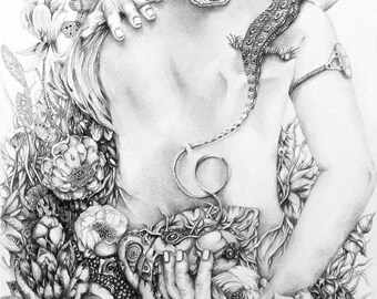 Fairy Art Print: Woman, Flowers, and Butterflies Black and White Illustration