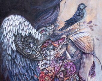 Steampunk Angel Wings Art Print - Gothic Home Decor, Unique Wall Art, Original Painting