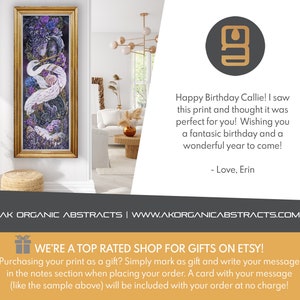 May include: A framed print of a colorful abstract painting with a white bird and a woman's face. The print is hanging on a white wall in a room with a couch and a small table. The text "Happy Birthday Callie! I saw this print and thought it was perfect for you! Wishing you a fantastic birthday and a wonderful year to come! - Love, Erin" is written below the image.