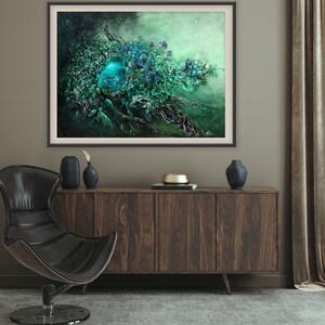 Steampunk Fantasy Art Print Enchanted Forest with Steampunk Egg, Skeleton Wall Art, Hummingbird Painting, Forest Art Print