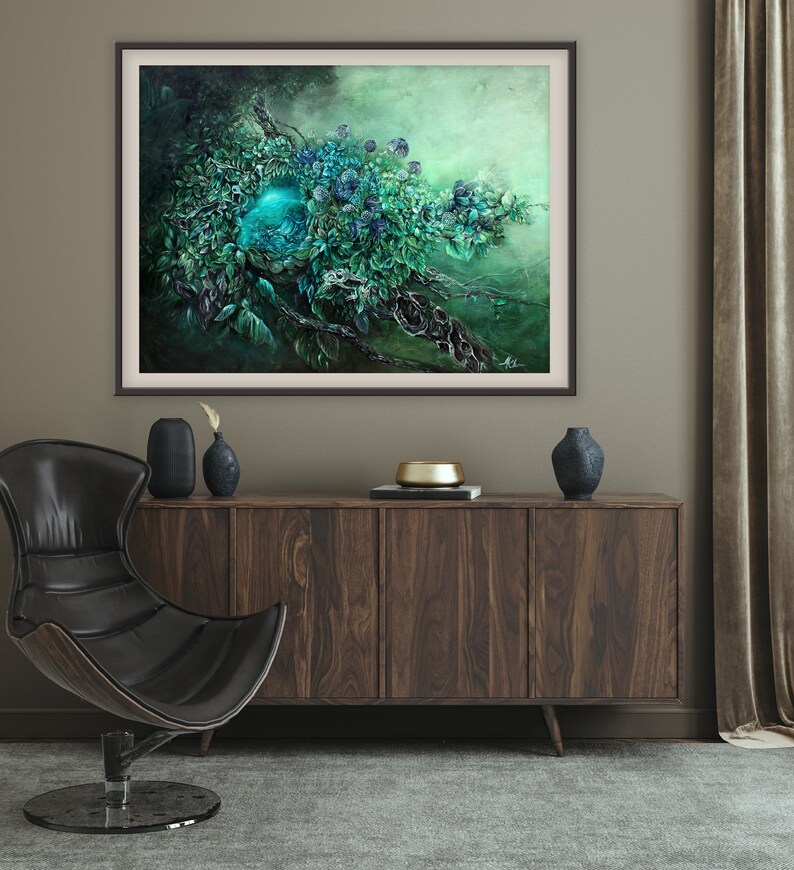 Steampunk Fantasy Art Print Enchanted Forest with Steampunk Egg, Skeleton Wall Art, Hummingbird Painting, Forest Art Print