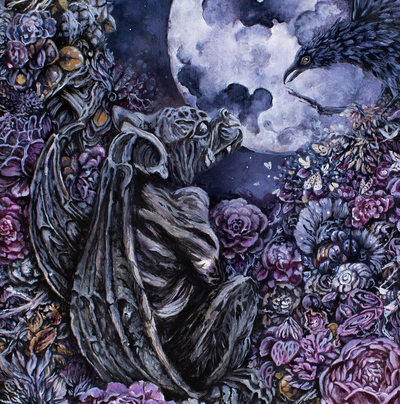 Moon, Raven and Gargoyle Fantasy Art Print, gothic artwork, gothic art print, gothic wall art, gargoyle fantasy painting