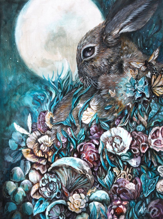 Bunny with Flowers Nursery Wall Art Fantasy Art Print Rabbit | Etsy