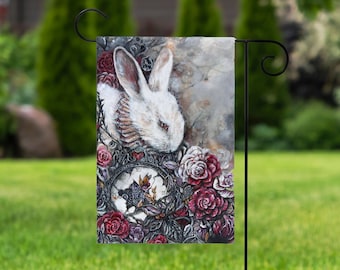 Yard Flag with White Rabbit and Roses, Bunny Garden Decor, Whimsical Garden Art