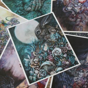 May include: A set of six art prints featuring a variety of nature-inspired designs. The prints are all in a dark, moody color palette and feature intricate details. One print features a rabbit in a moonlit forest, another features a bird perched on a woman's shoulder, and another features a snake wrapped around a bouquet of flowers.