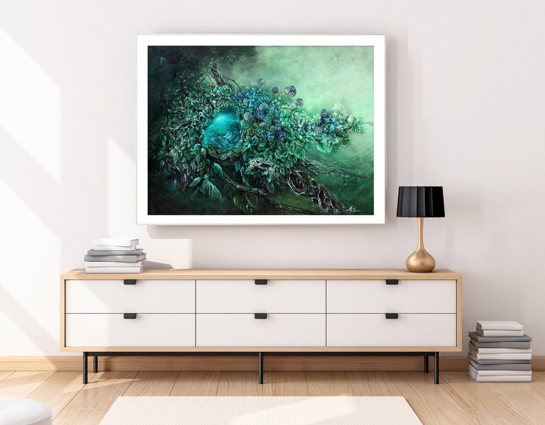 Steampunk Fantasy Art Print Enchanted Forest with Steampunk Egg, Skeleton Wall Art, Hummingbird Painting, Forest Art Print