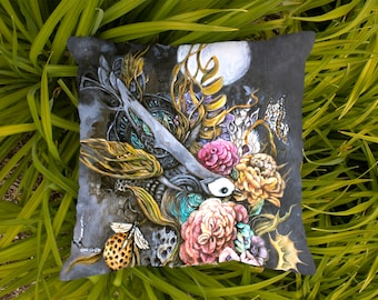 Steampunk Bird & Flowers Throw Pillow: UV-Treated Patio Decor