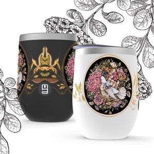 Wine Tumbler with Pink Flowers and Bird, Stainless Steel Insulated Tumbler