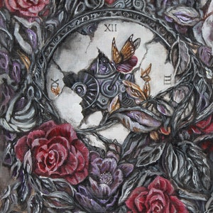 May include: A broken clock face with Roman numerals, surrounded by roses and butterflies. The clock face is cracked and has a mechanical gear visible. The roses are red and the butterflies are orange and purple.